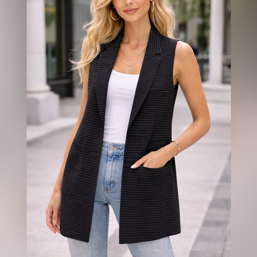 HYFVE Black Pinstripe Longline Sleeveless Blazer Vest Size Medium(1214)